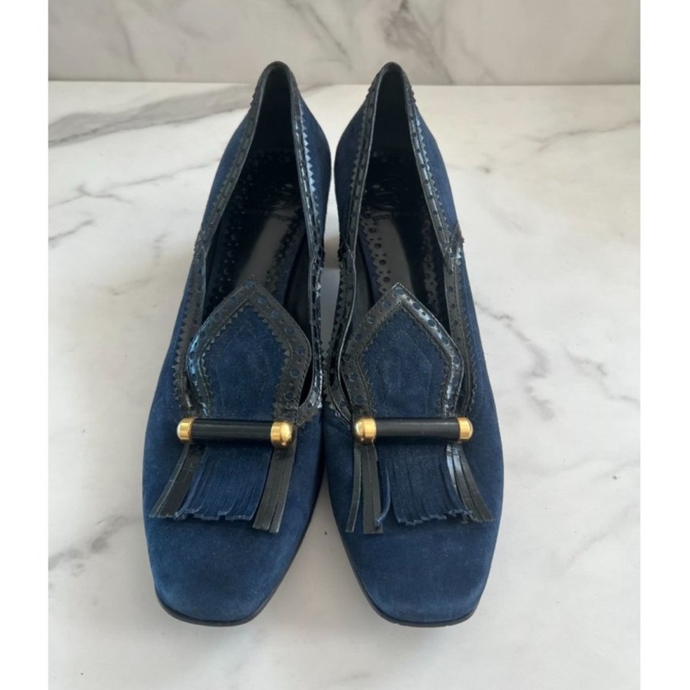 Tory Burch Blue Suede Loafers with Fringe Detail